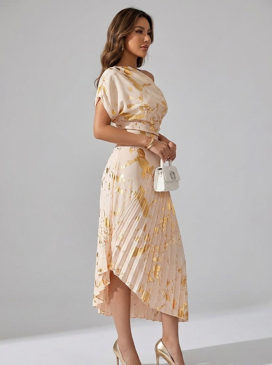 Fedora Metallic Foil Asymmetric Pleated Midi Dress on model