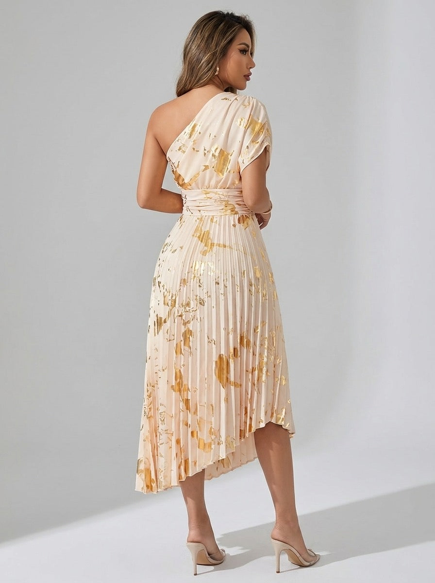 Fedora Metallic Foil Asymmetric Pleated Midi Dress on model