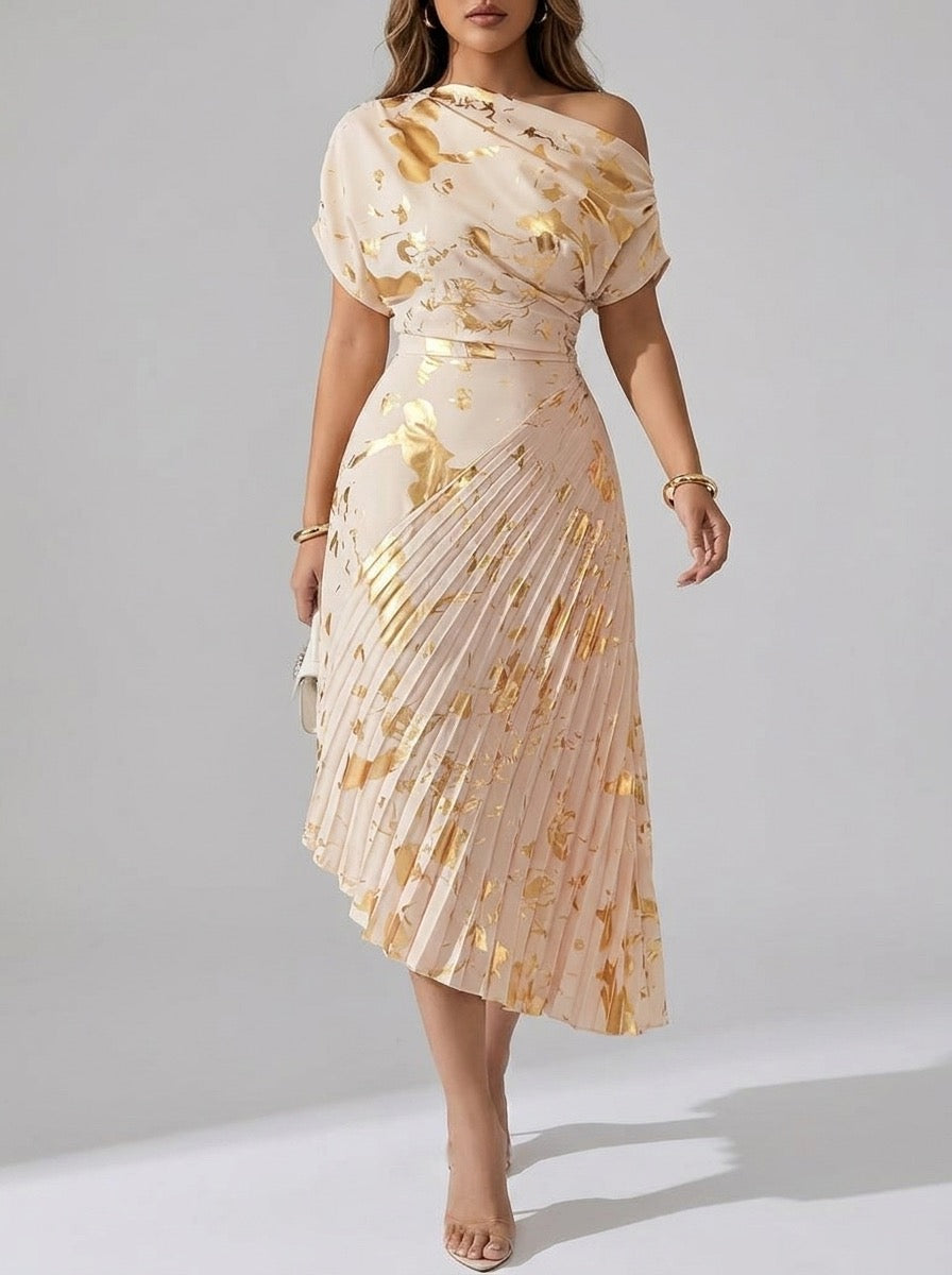 Fedora Metallic Foil Asymmetric Pleated Midi Dress on model