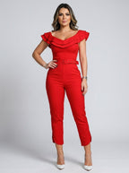 Fernanda Bardot Off-Shoulder Ruffle Tailored Jumpsuit on model