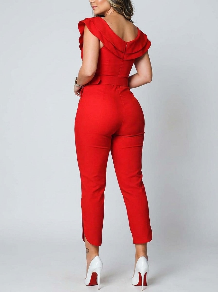 Fernanda Bardot Off-Shoulder Ruffle Tailored Jumpsuit on model