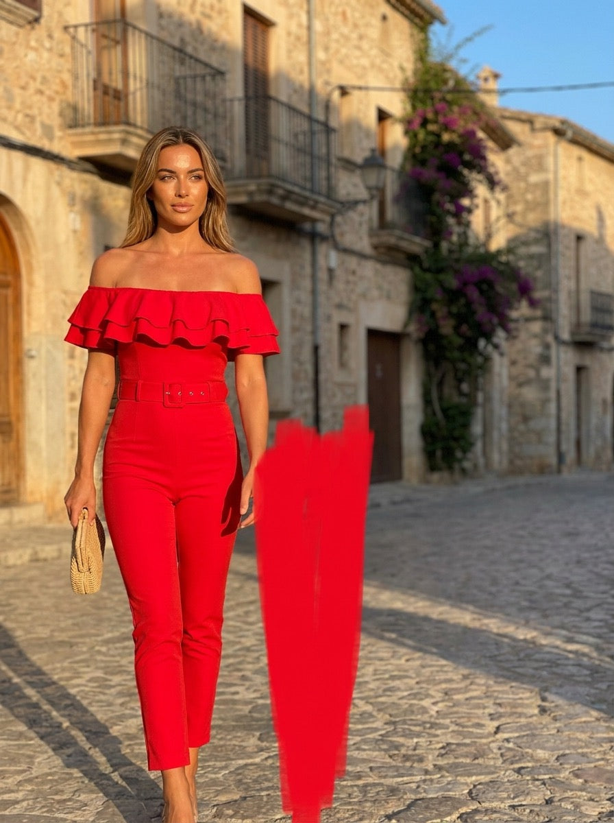 Fernanda Bardot Off-Shoulder Ruffle Tailored Jumpsuit on model