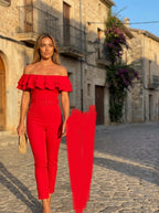 Fernanda Bardot Off-Shoulder Ruffle Tailored Jumpsuit on model