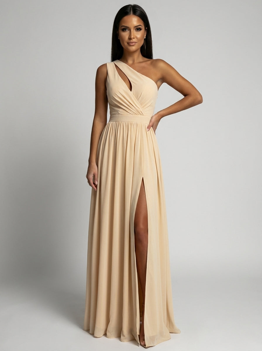 Filomena One-Shoulder Cutout High-Slit Maxi Dress on model