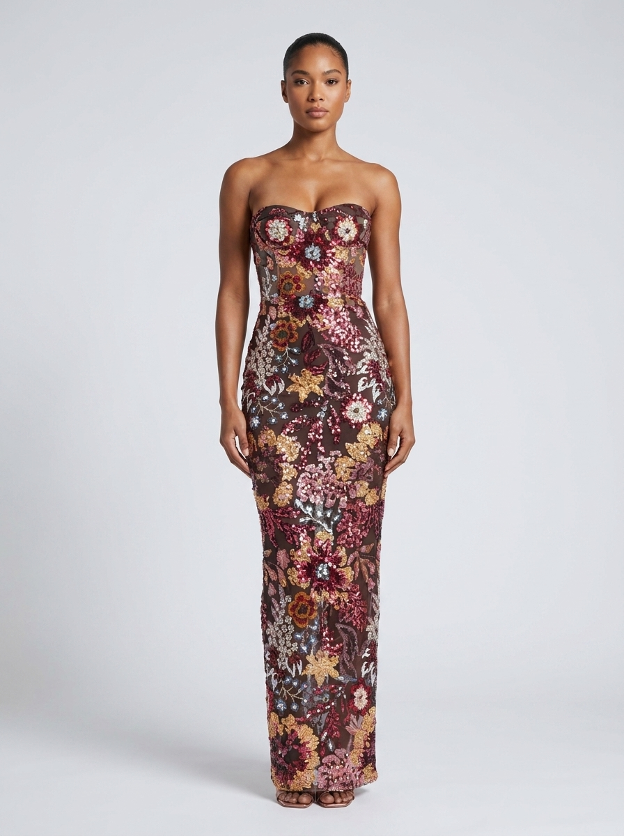 Fiorenza Sequin Floral Mesh Strapless Maxi Dress on model