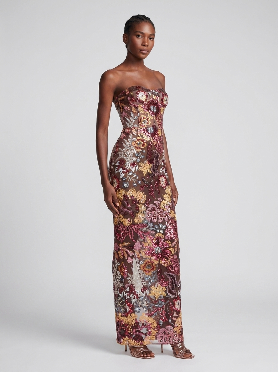 Fiorenza Sequin Floral Mesh Strapless Maxi Dress on model