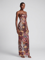 Fiorenza Sequin Floral Mesh Strapless Maxi Dress on model