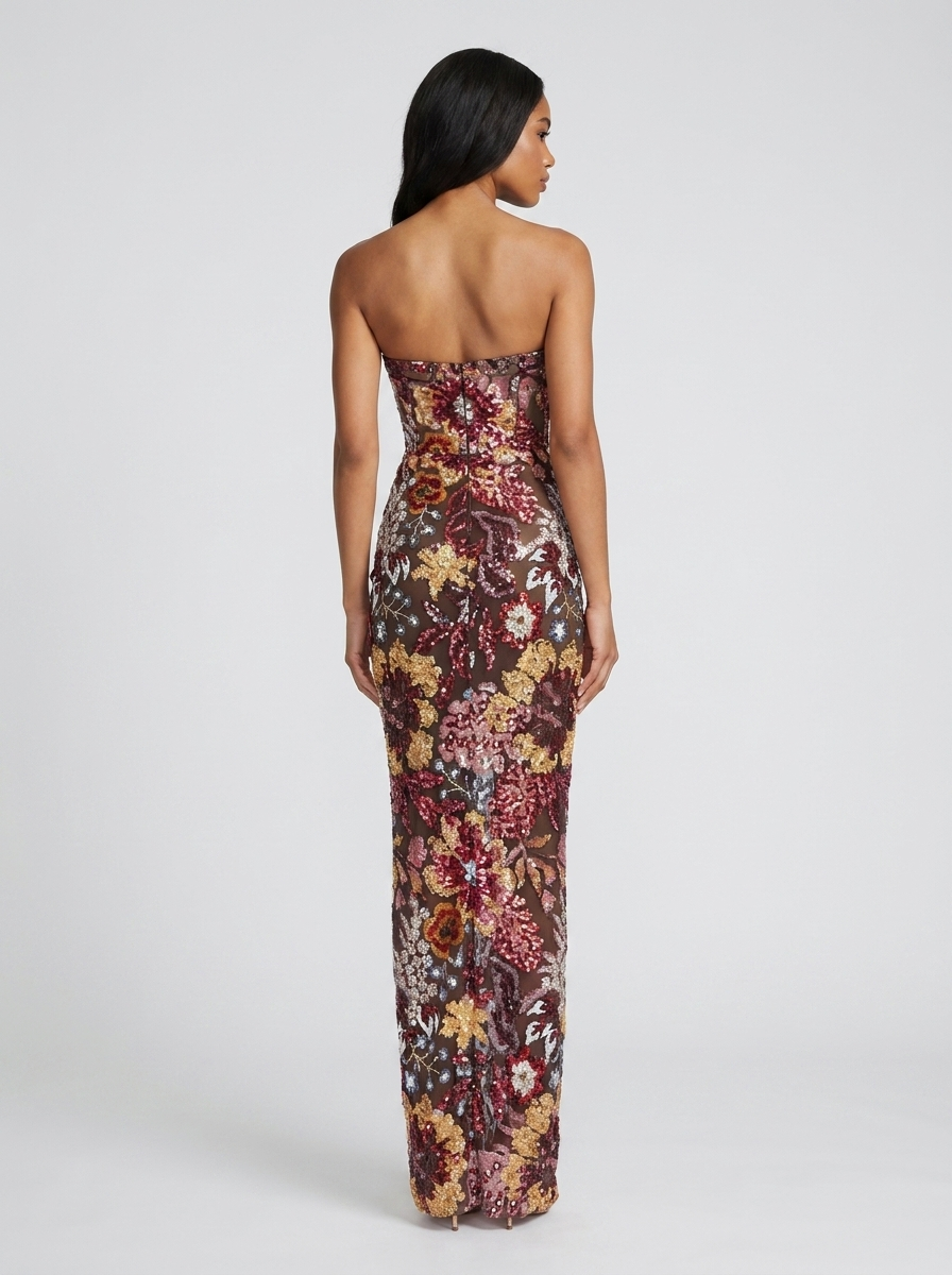 Fiorenza Sequin Floral Mesh Strapless Maxi Dress on model