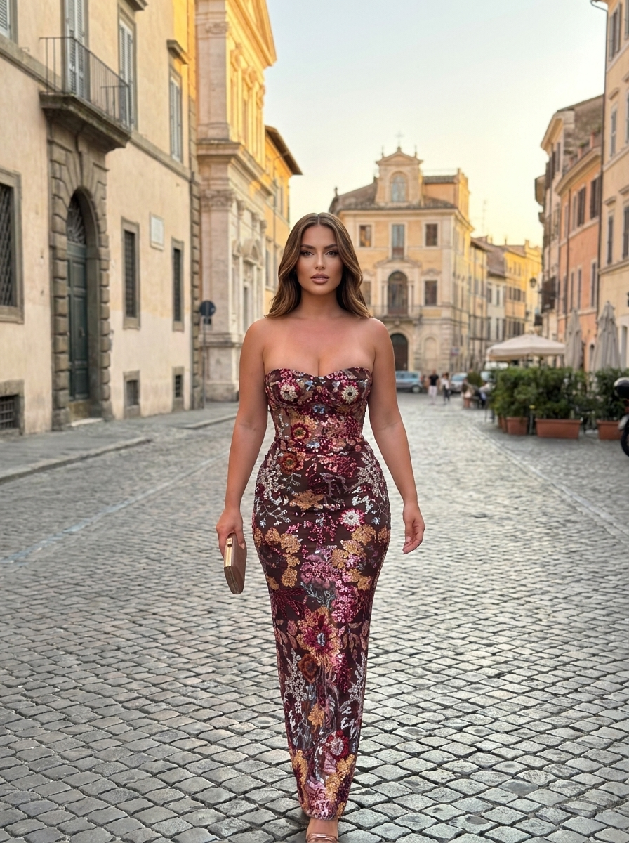 Fiorenza Sequin Floral Mesh Strapless Maxi Dress on model