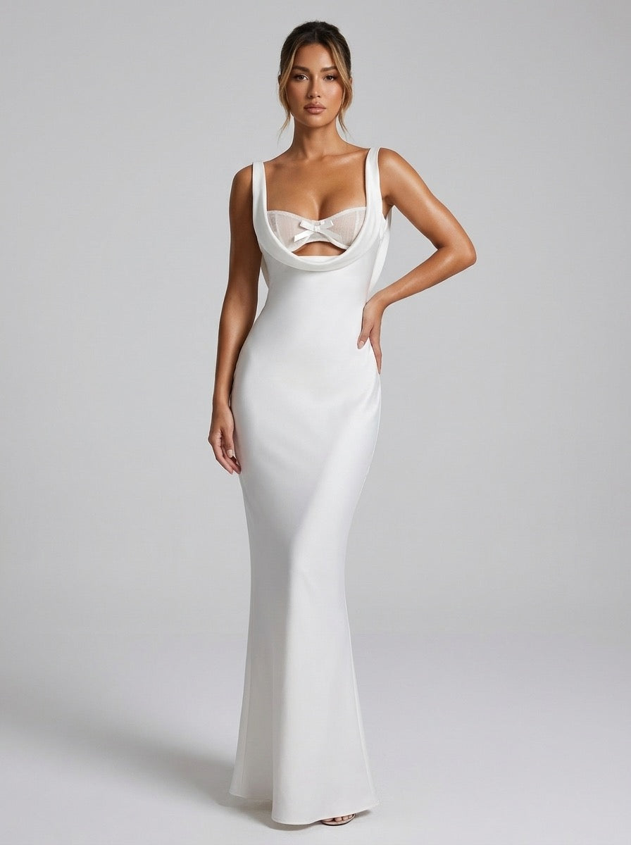 Flaminia Satin Bow Cutout Backless Maxi Dress on model