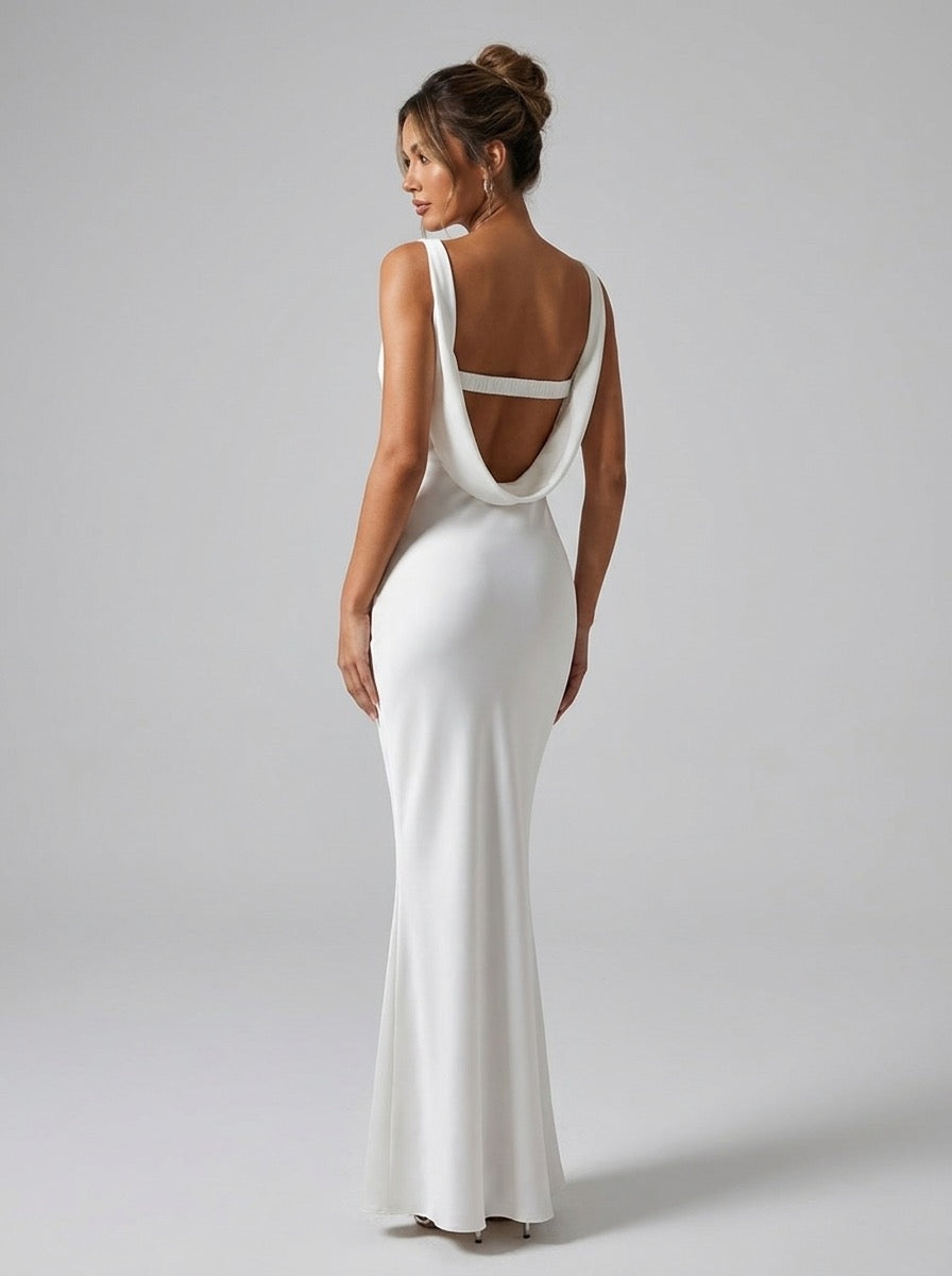 Flaminia Satin Bow Cutout Backless Maxi Dress on model