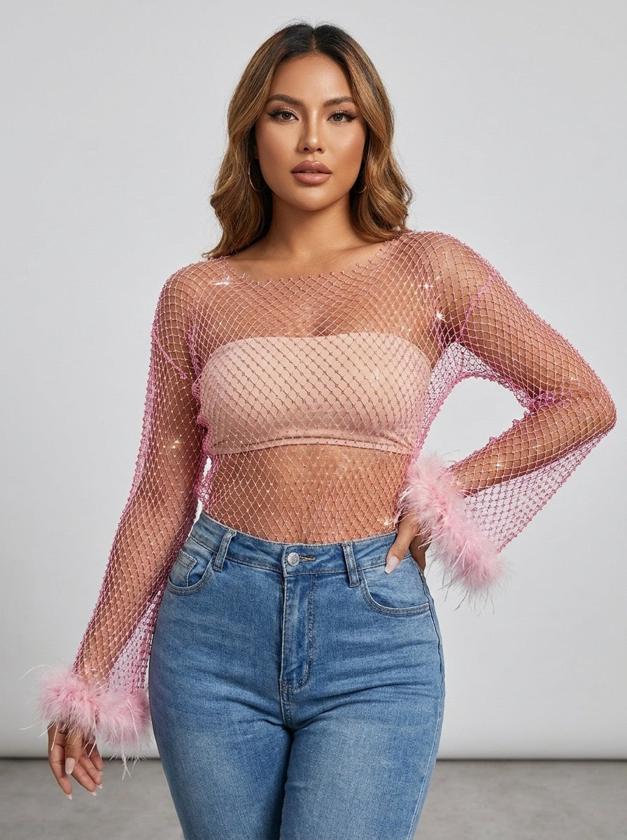 Floriana Rhinestone Mesh Top on model