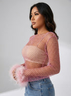 Floriana Rhinestone Mesh Top on model