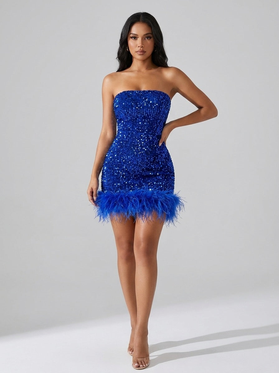 Fulvia Feather-Hem Sequin Strapless Mini Dress on model