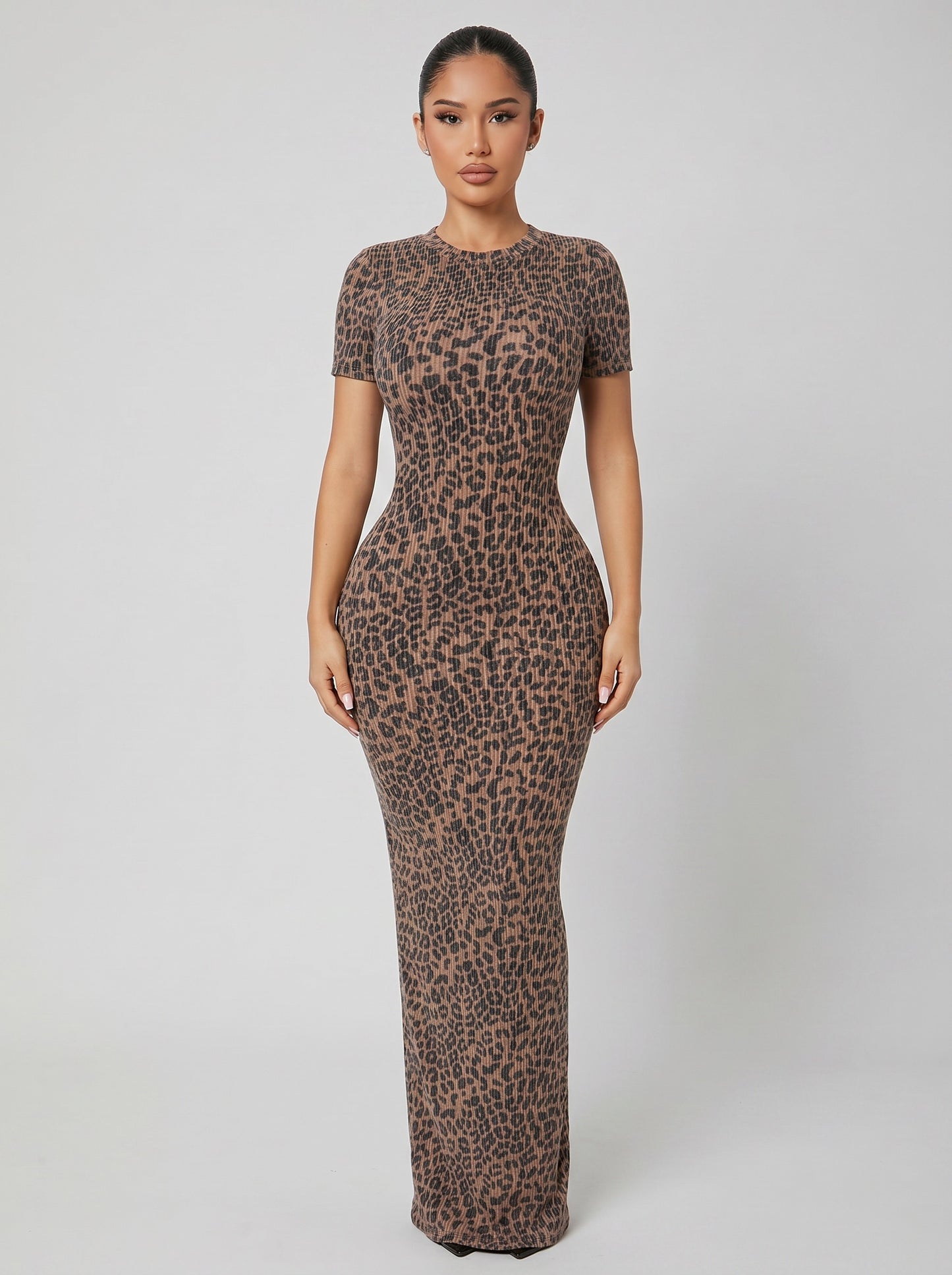 Gia Leopard Ribbed Maxi Dress on model