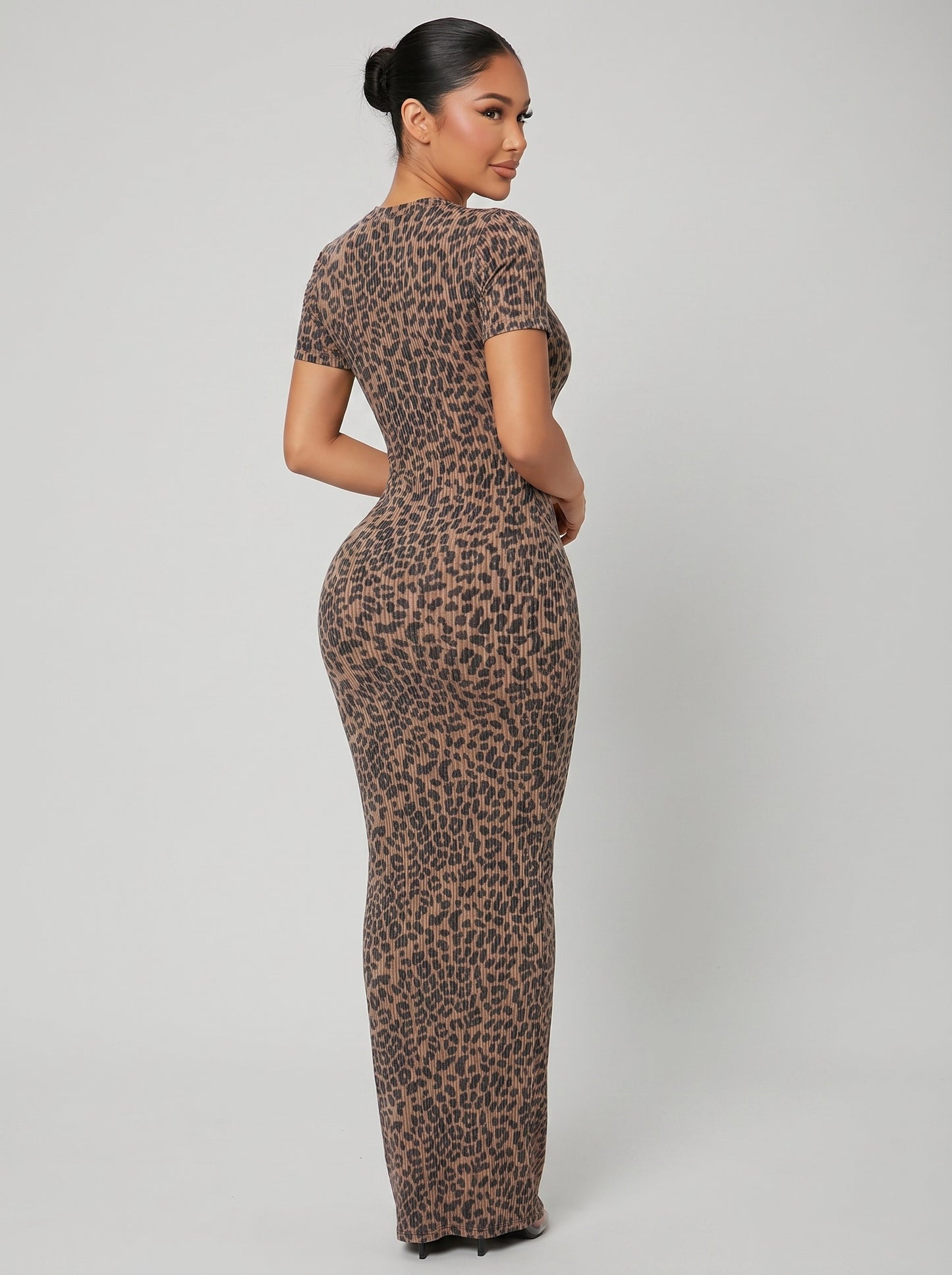 Gia Leopard Ribbed Maxi Dress on model
