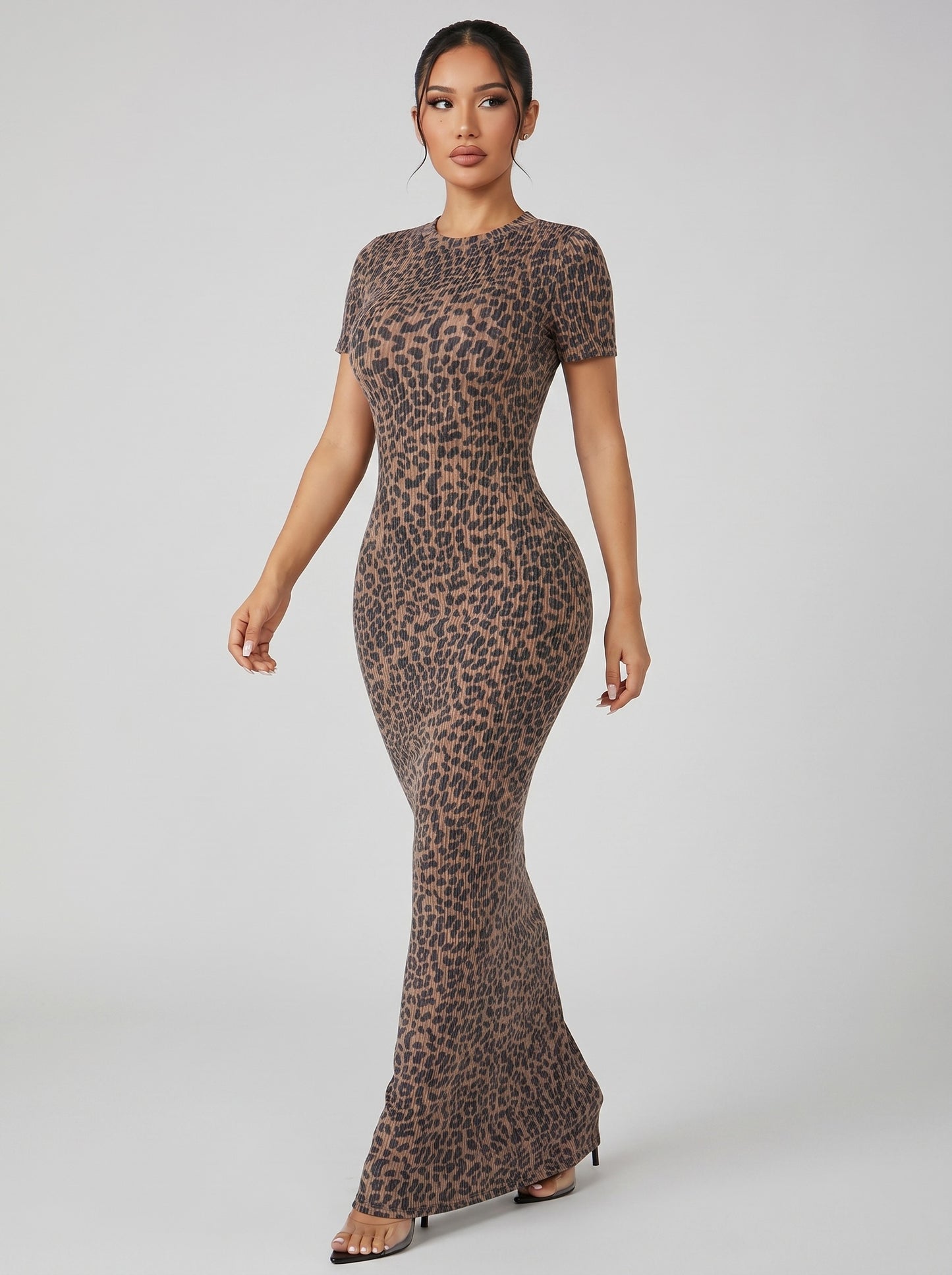 Gia Leopard Ribbed Maxi Dress on model