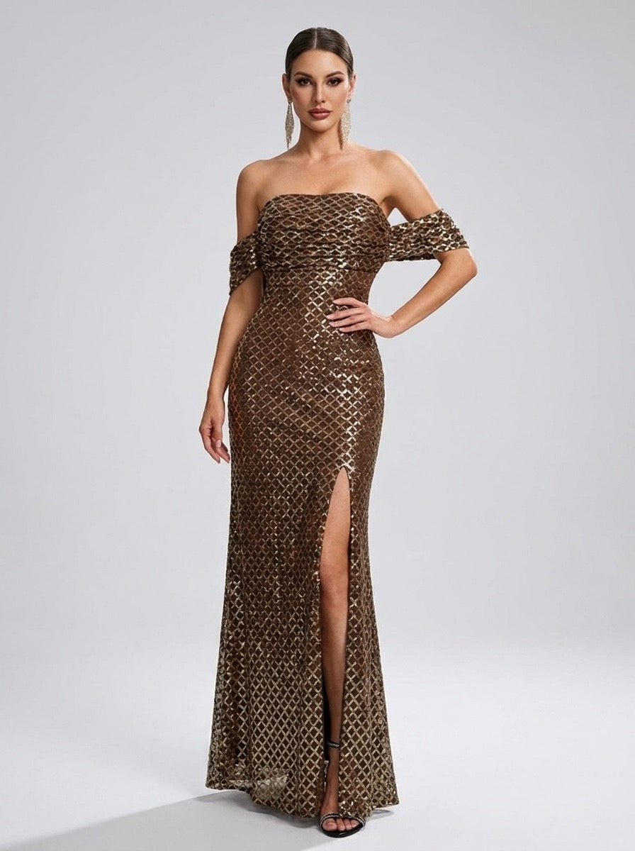 Gigliola Off-Shoulder Sequin Slit Mermaid Gown on model