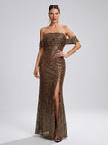 Gigliola Off-Shoulder Sequin Slit Mermaid Gown on model