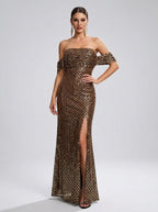 Gigliola Off-Shoulder Sequin Slit Mermaid Gown on model