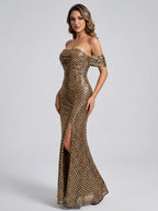 Gigliola Off-Shoulder Sequin Slit Mermaid Gown on model