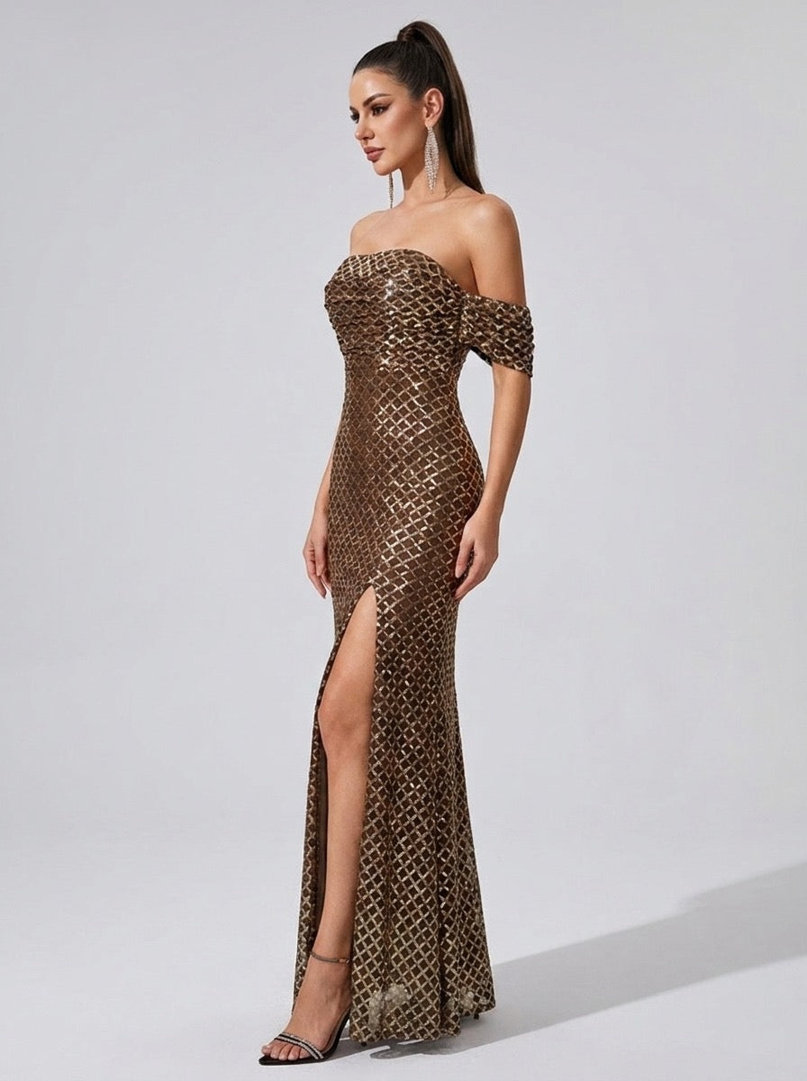 Gigliola Off-Shoulder Sequin Slit Mermaid Gown on model