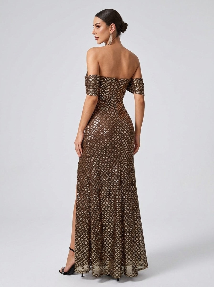 Gigliola Off-Shoulder Sequin Slit Mermaid Gown on model