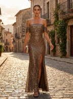 Gigliola Off-Shoulder Sequin Slit Mermaid Gown on model