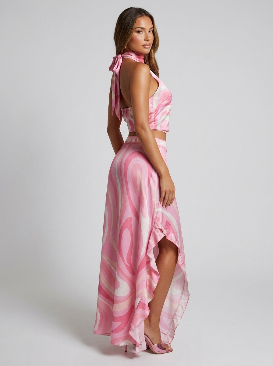 Ginevra Swirl Print Halter Top & Skirt Set on model