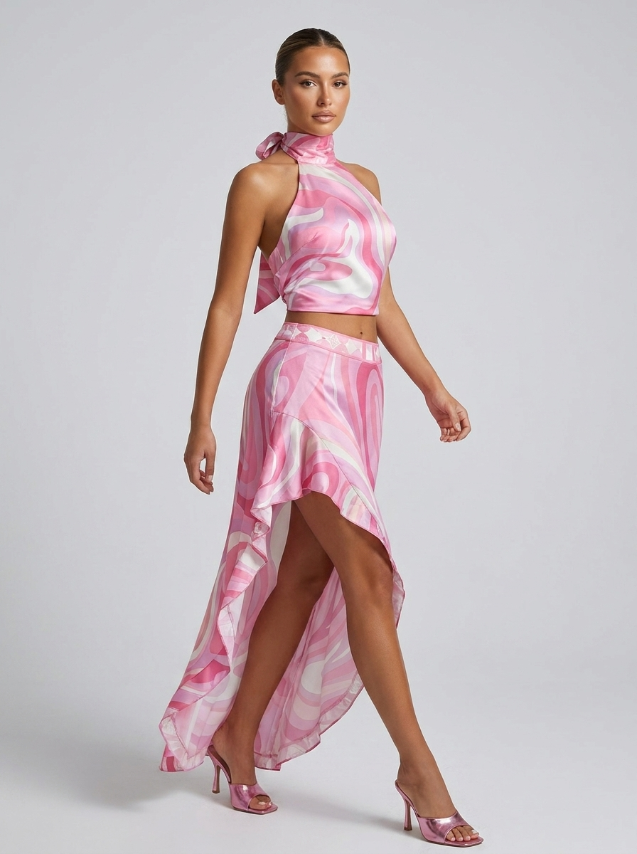 Ginevra Swirl Print Halter Top & Skirt Set on model