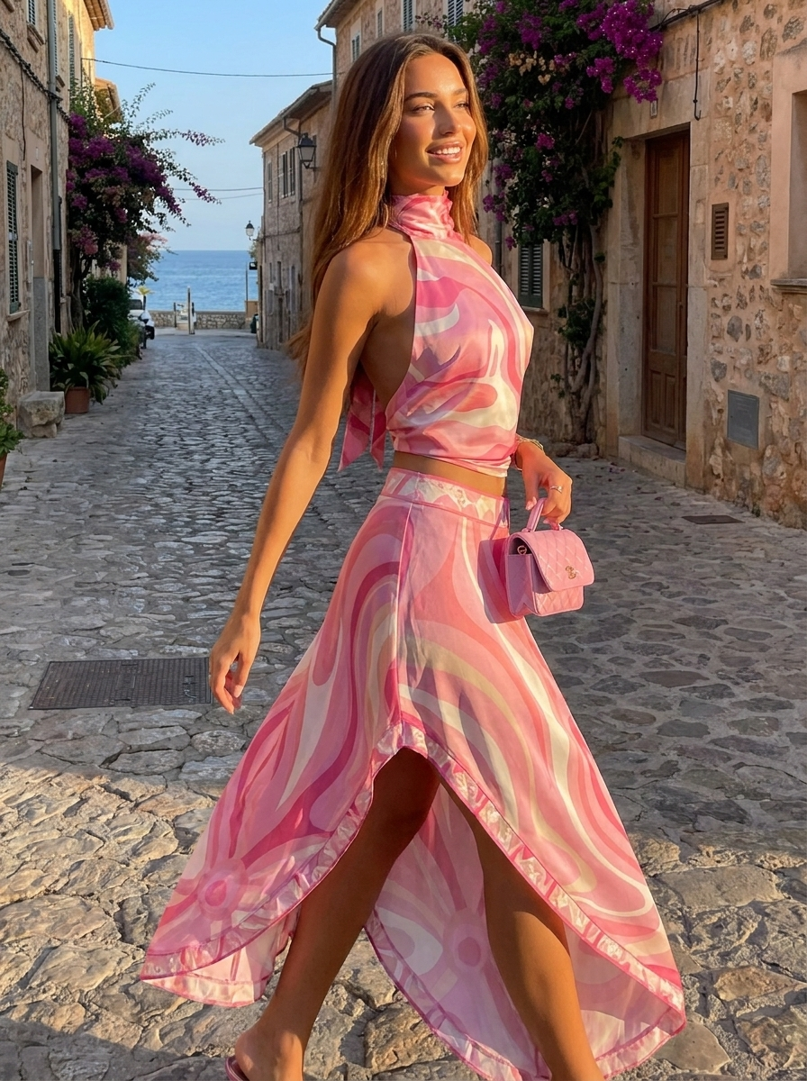 Ginevra Swirl Print Halter Top & Skirt Set on model