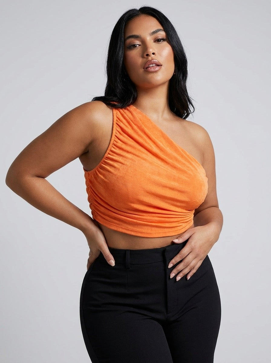 Ginia One-Shoulder Ruched Crop Top on model