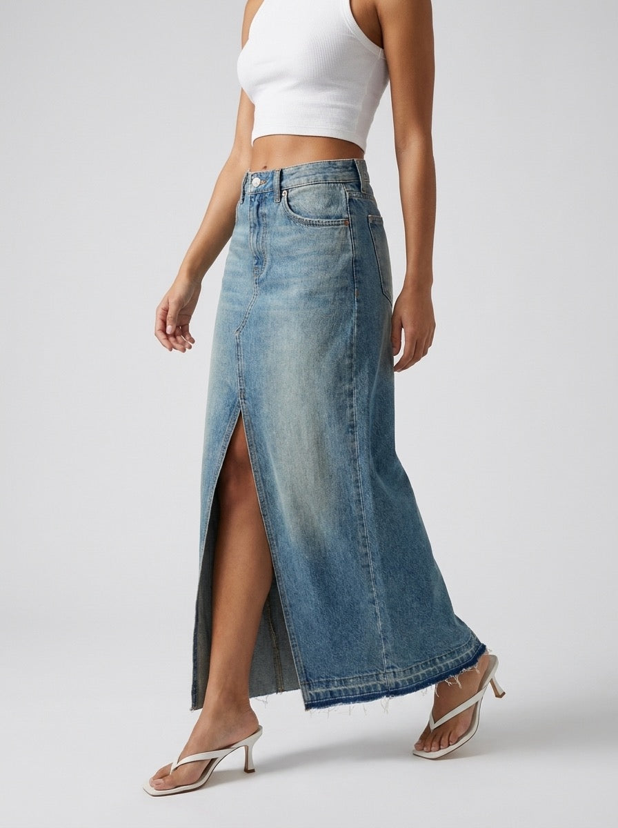 Giordana Denim Maxi Skirt on model