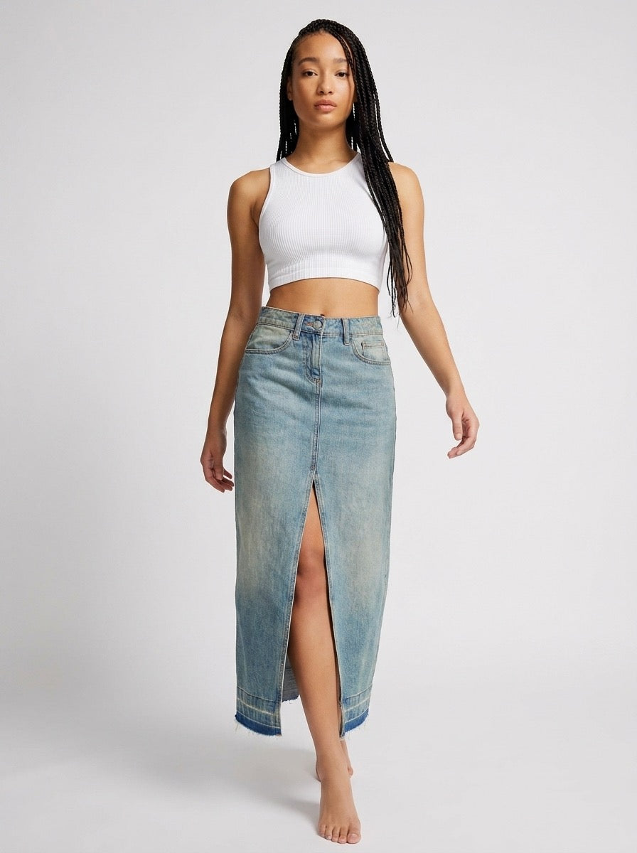 Giordana Denim Maxi Skirt on model