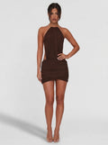 Giuliana Metal-Ring Halter Backless Ruched Mini Dress on model
