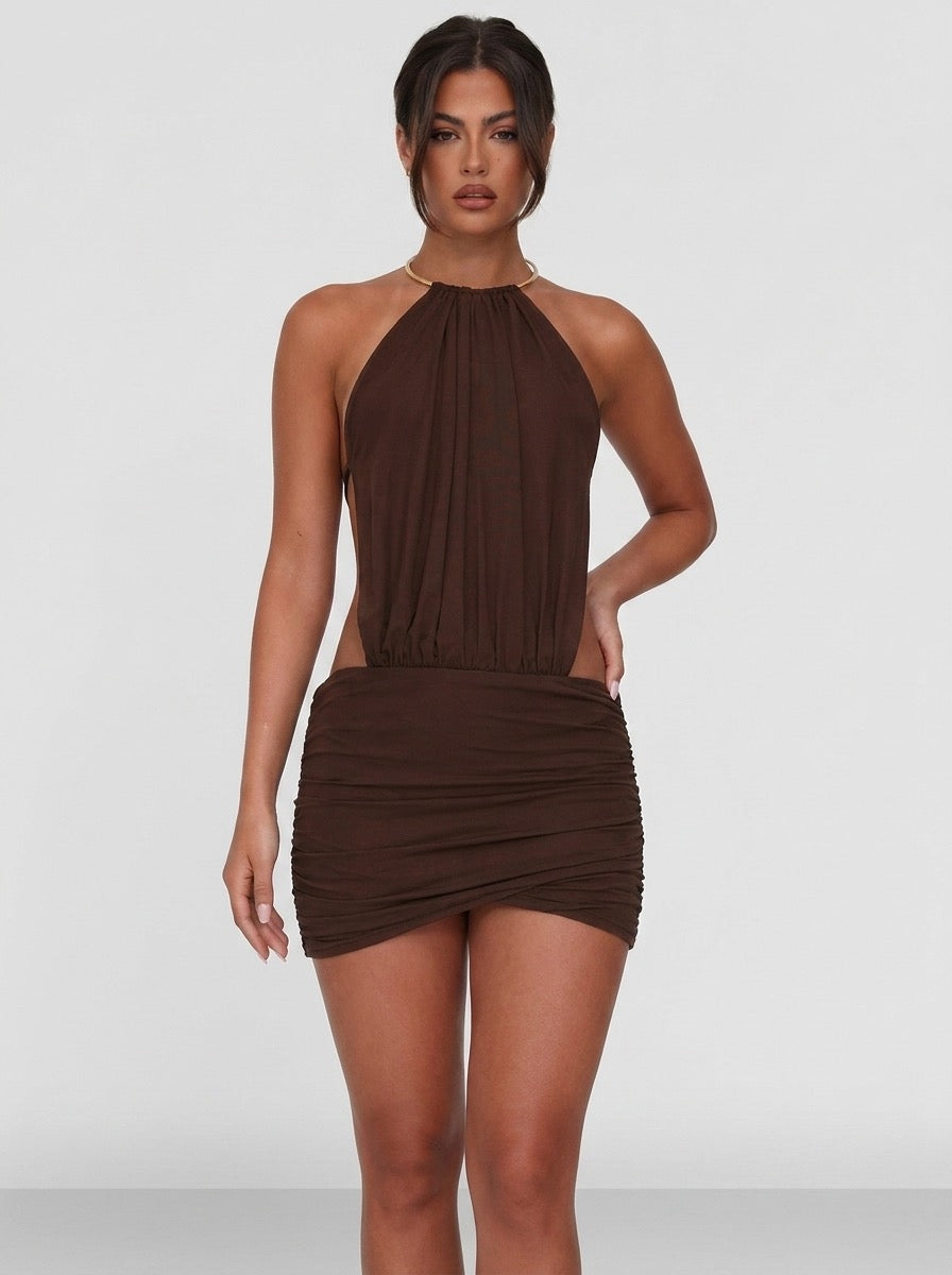 Giuliana Metal-Ring Halter Backless Ruched Mini Dress on model