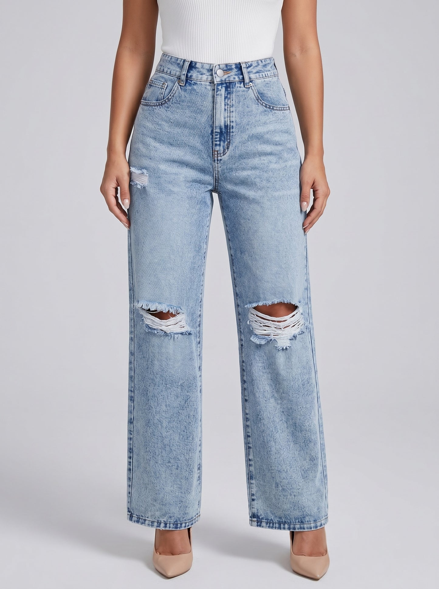 Greta High-Rise Ripped Straight Jeans on model