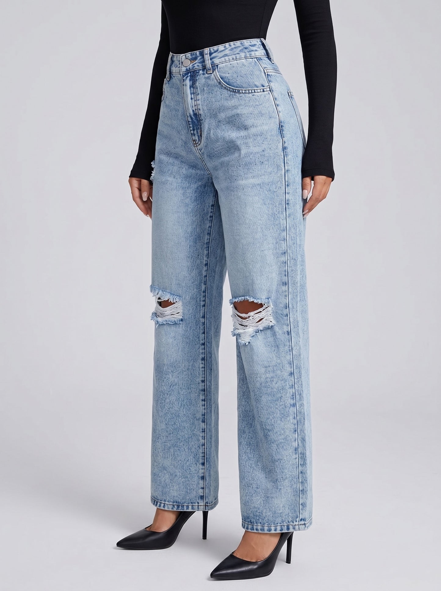 Greta High-Rise Ripped Straight Jeans on model