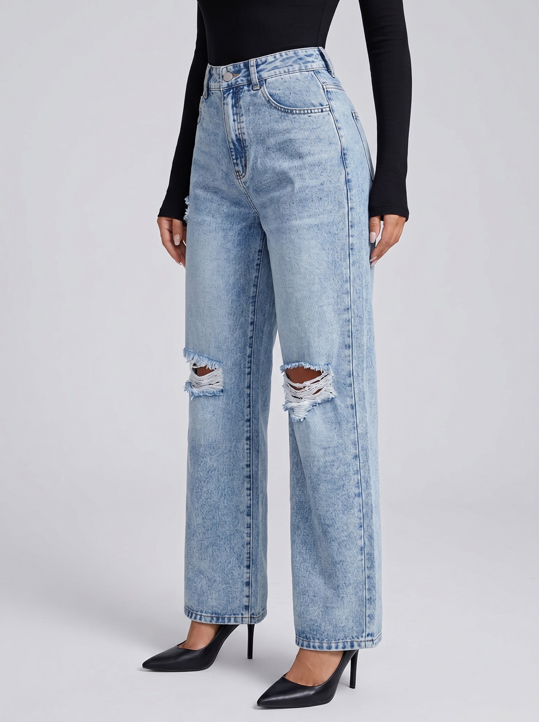 Greta High-Rise Ripped Straight Jeans on model