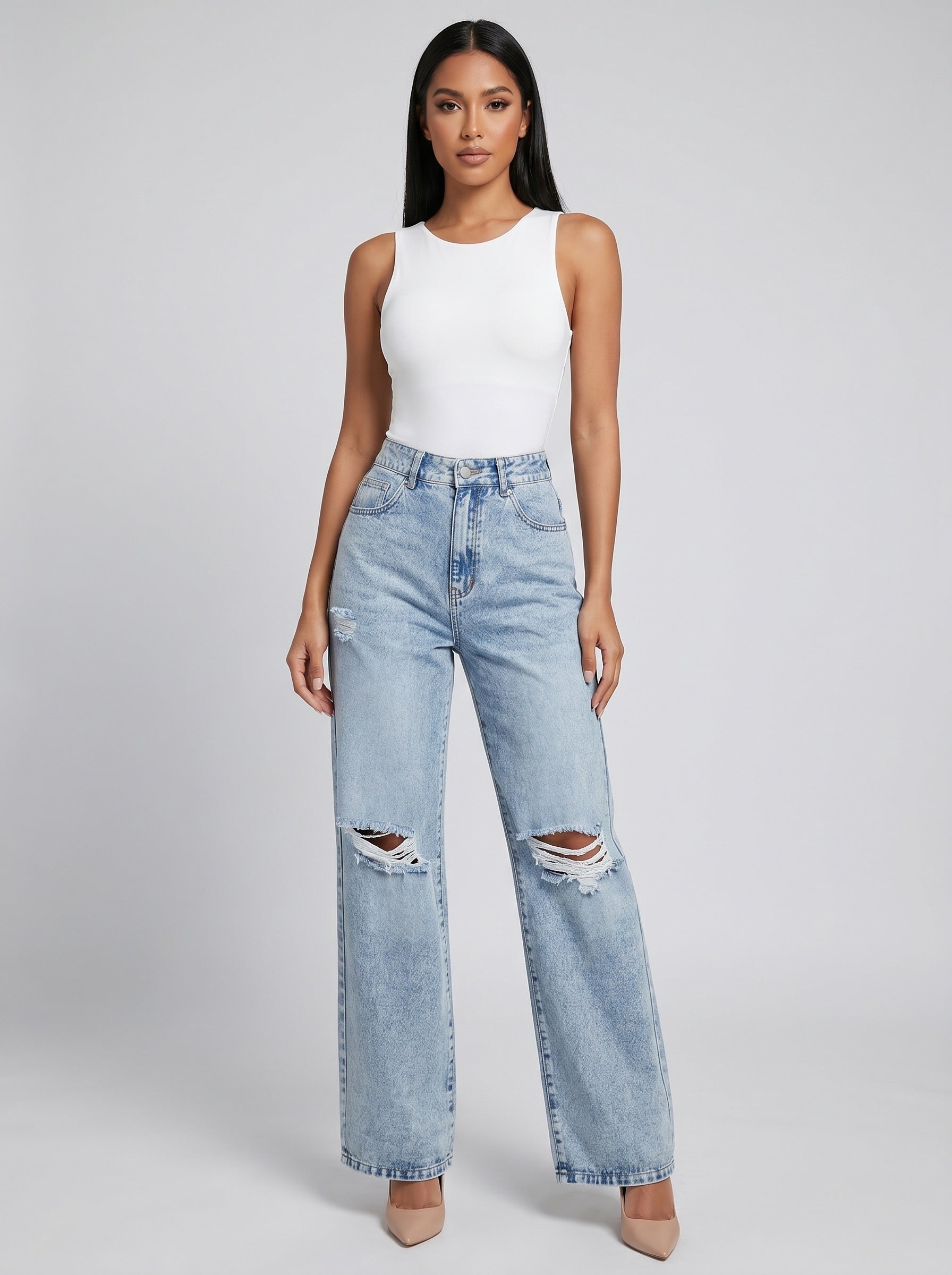 Greta High-Rise Ripped Straight Jeans on model