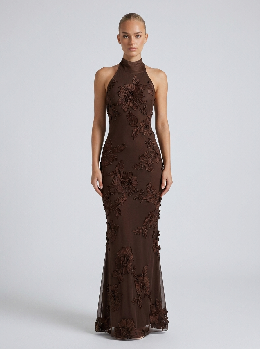 Helena Halter Floral Open-Back Maxi Dress on model