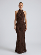 Helena Halter Floral Open-Back Maxi Dress on model