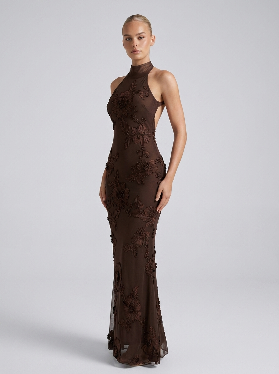 Helena Halter Floral Open-Back Maxi Dress on model