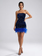 Fulvia Feather-Hem Sequin Strapless Mini Dress