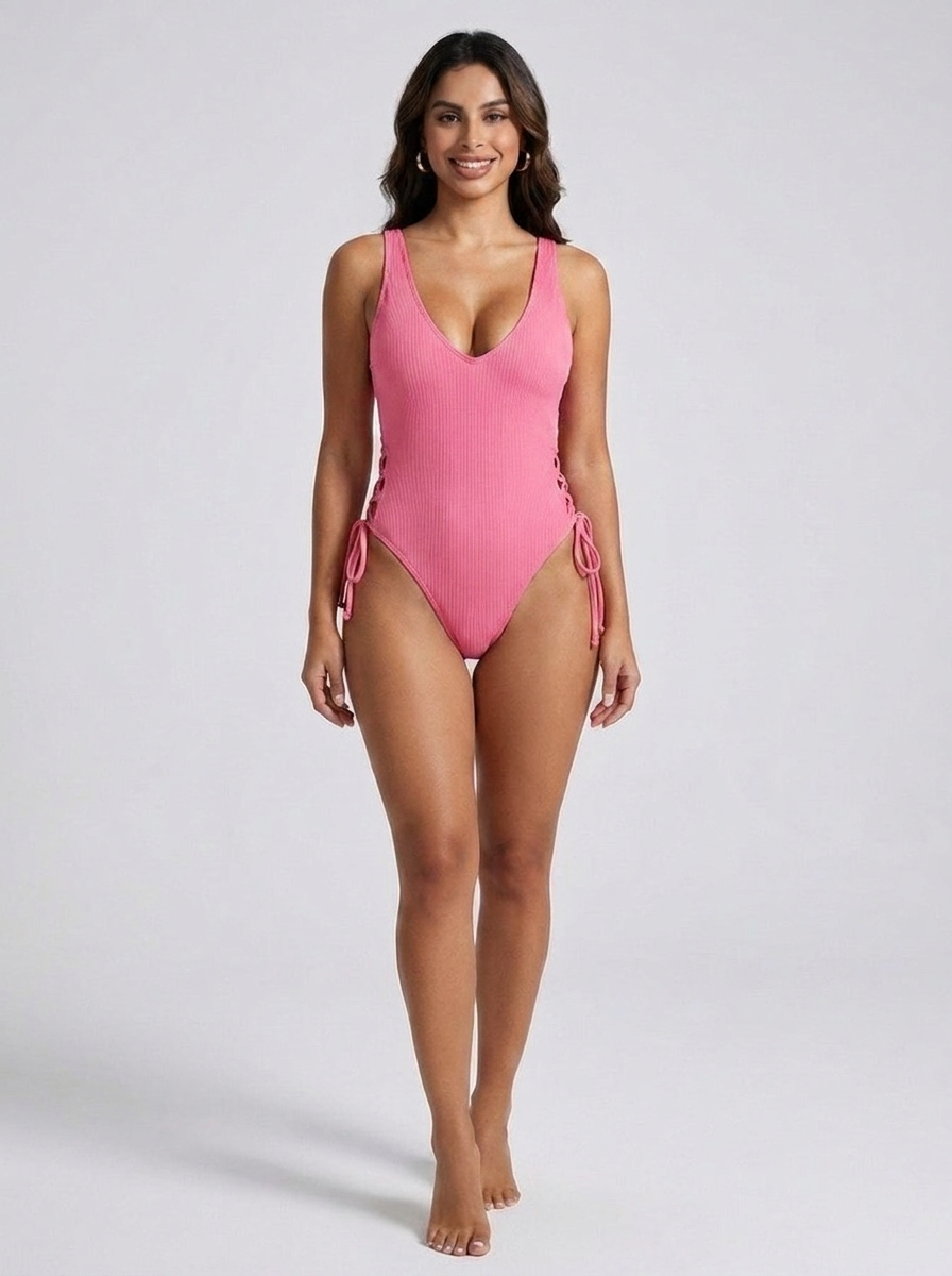 Esmeralda Ribbed Plunge Cutout Swimsuit — Pink variant