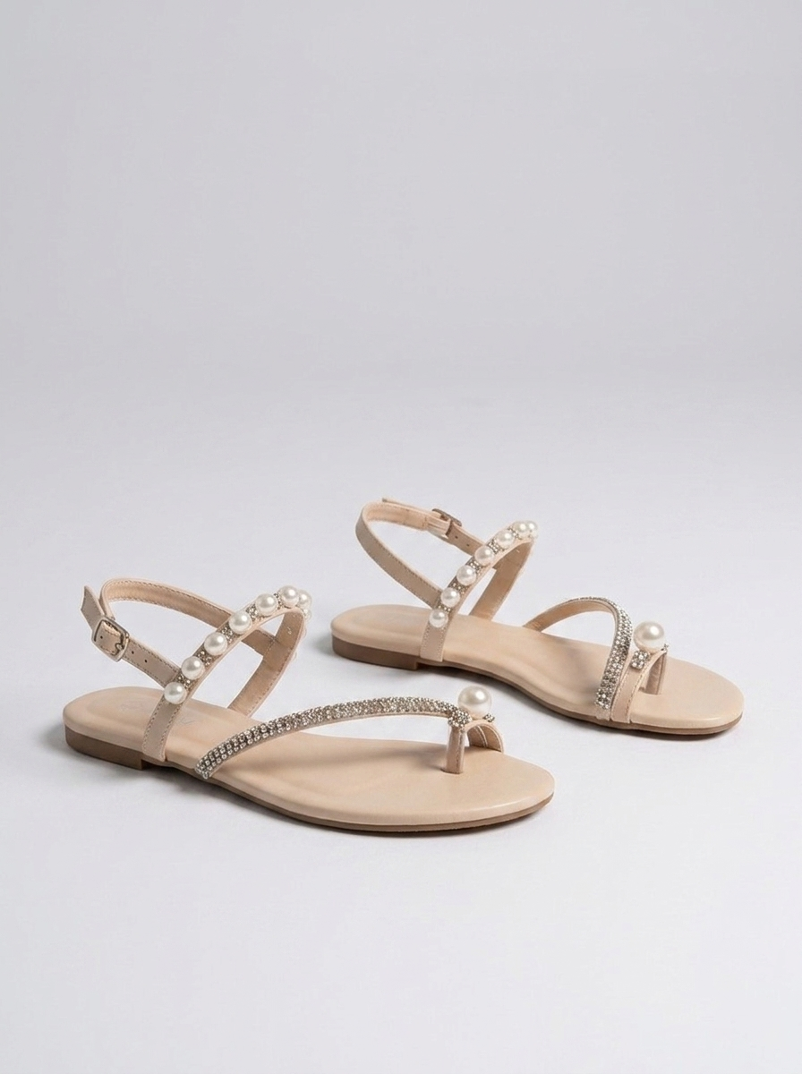 Fiordaliso Pearl Embellished Flat Thong Sandals — Beige variant