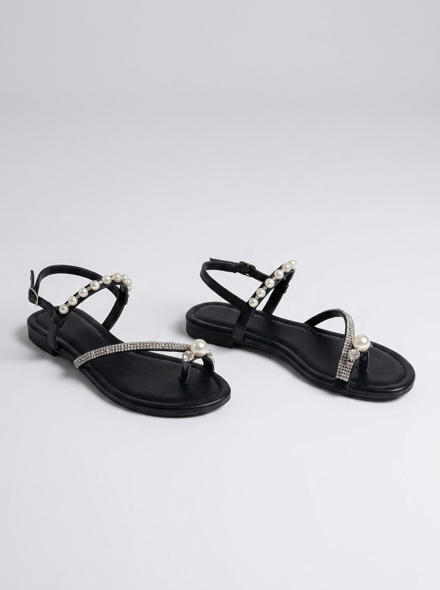 Fiordaliso Pearl Embellished Flat Thong Sandals — Black variant