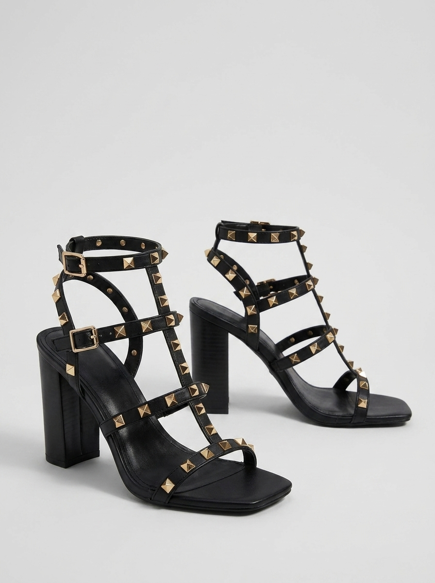Aurelia Studded Gladiator Block-Heel Sandals — Black variant