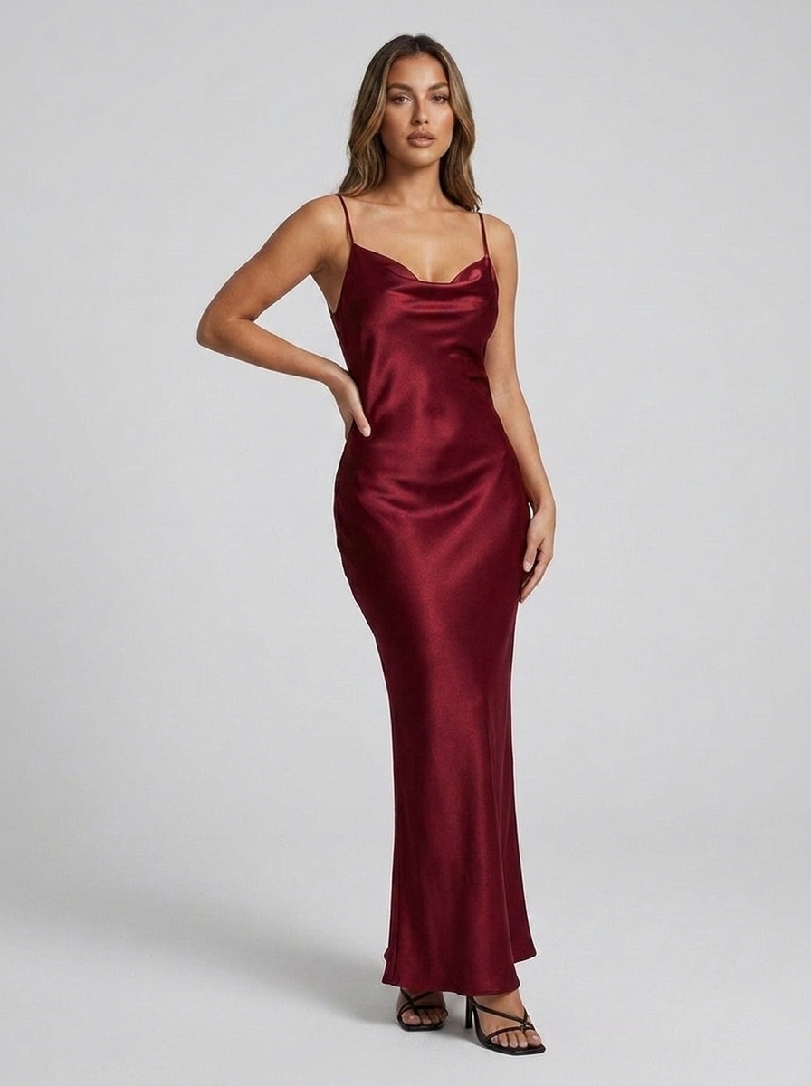 Ginestra Cowl-Neck Satin Slip Dress — Wine Red variant
