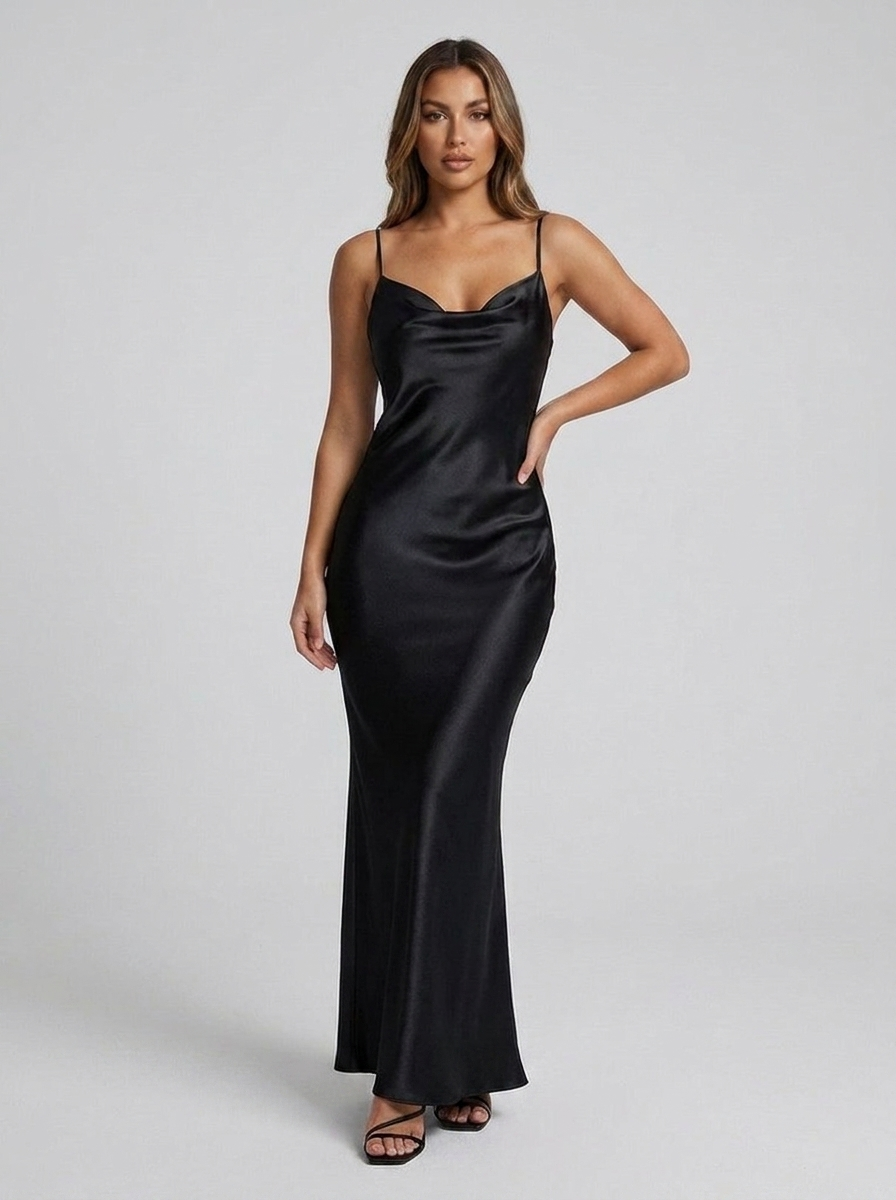 Ginestra Cowl-Neck Satin Slip Dress — Black variant